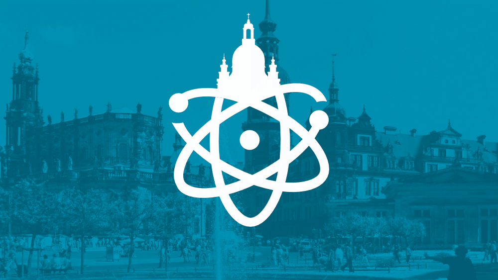 Logo of the Dresden March for Science on top of an image of the historical city center